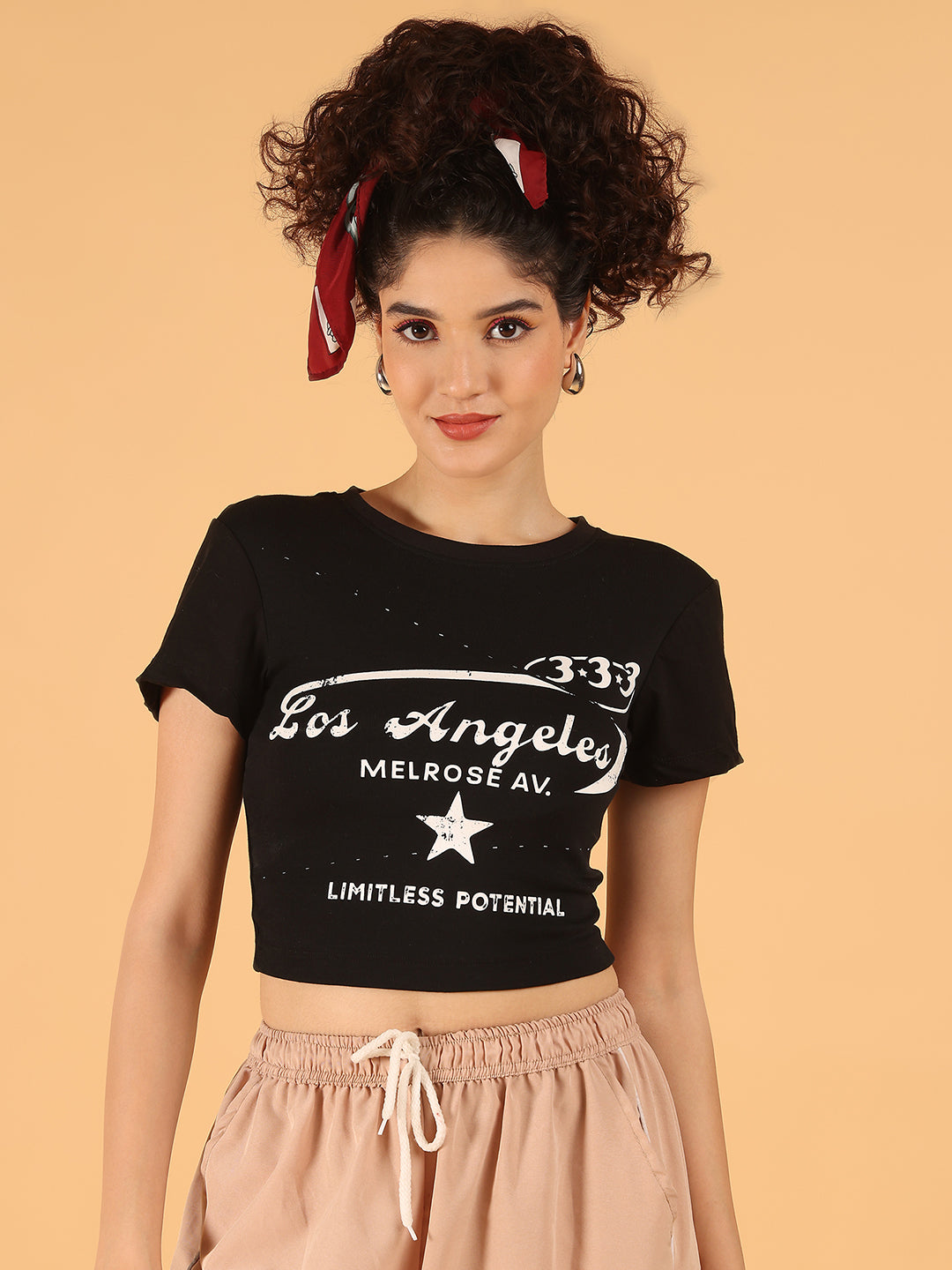 Black Graphic Crop Top – Los Angeles Print | Stretchable Viscose Blend