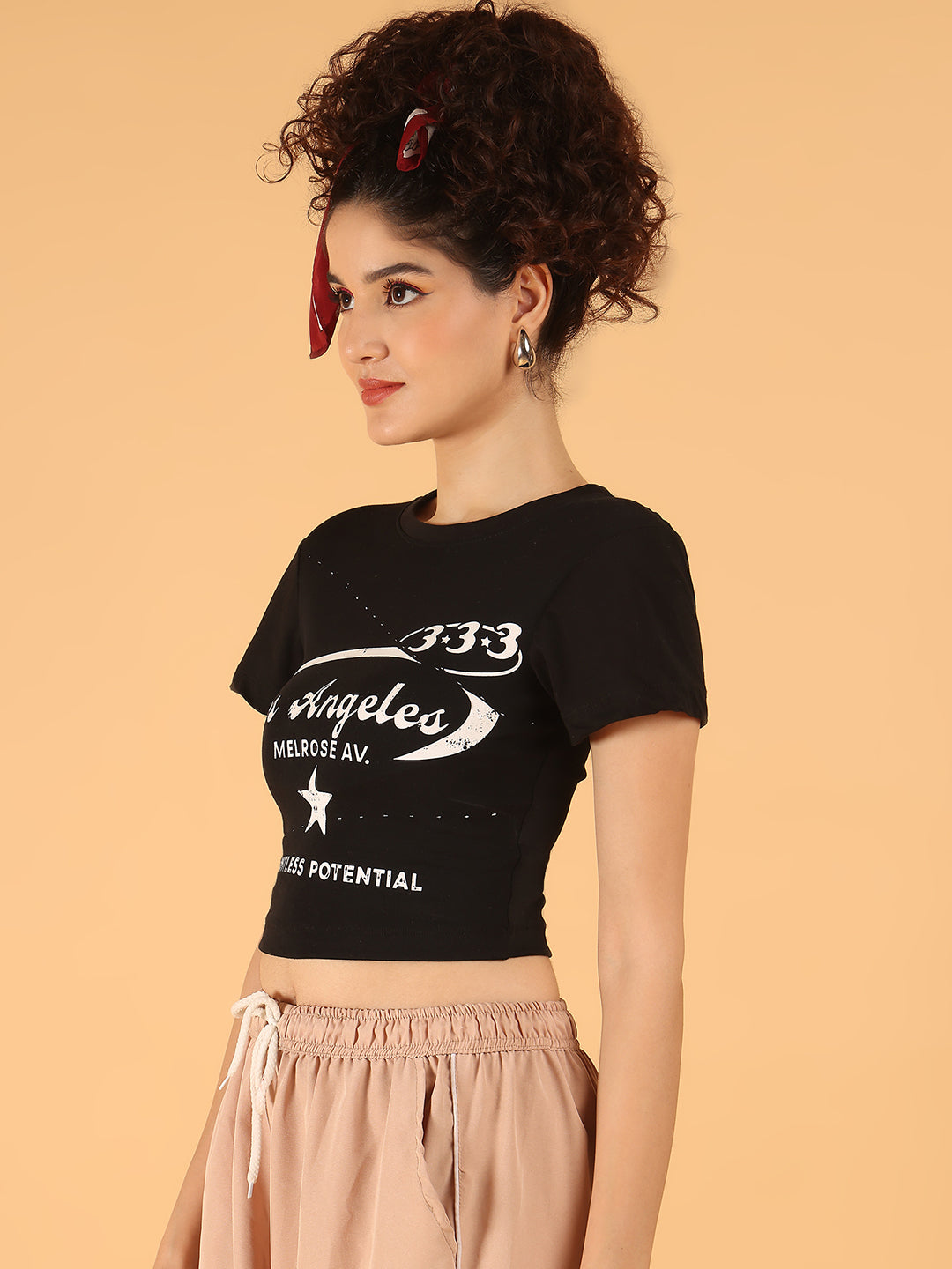 Black Graphic Crop Top – Los Angeles Print | Stretchable Viscose Blend