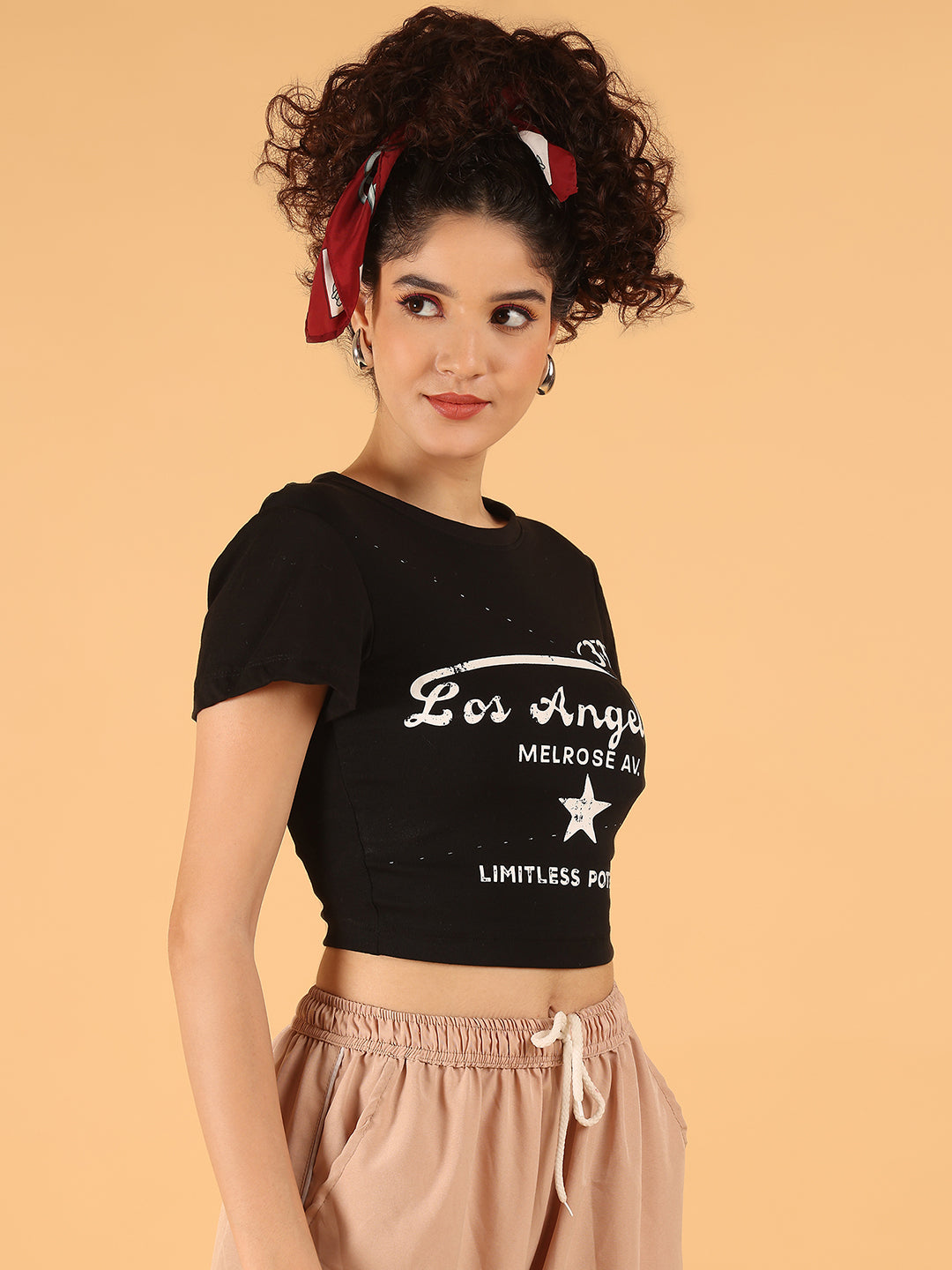 Black Graphic Crop Top – Los Angeles Print | Stretchable Viscose Blend