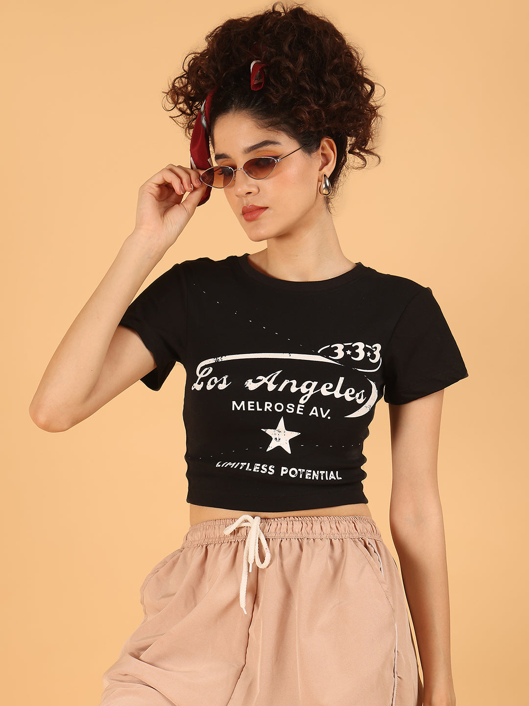 Black Graphic Crop Top – Los Angeles Print | Stretchable Viscose Blend