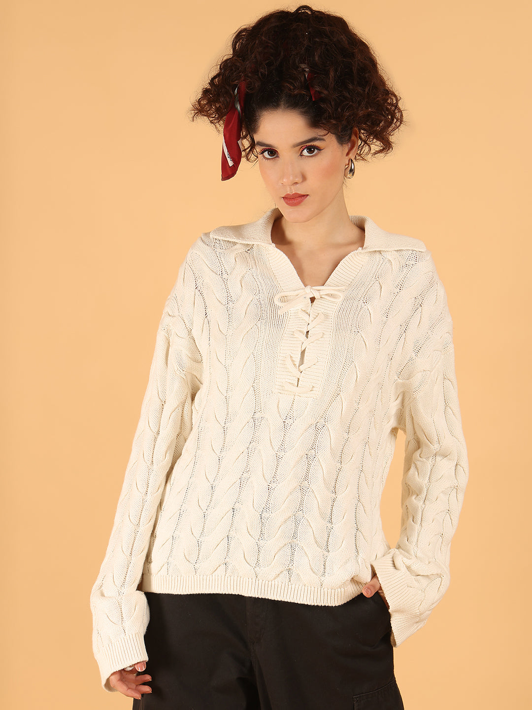 Cotton Full Sleeve Off-White Cable Knit Lace-Up Sweater