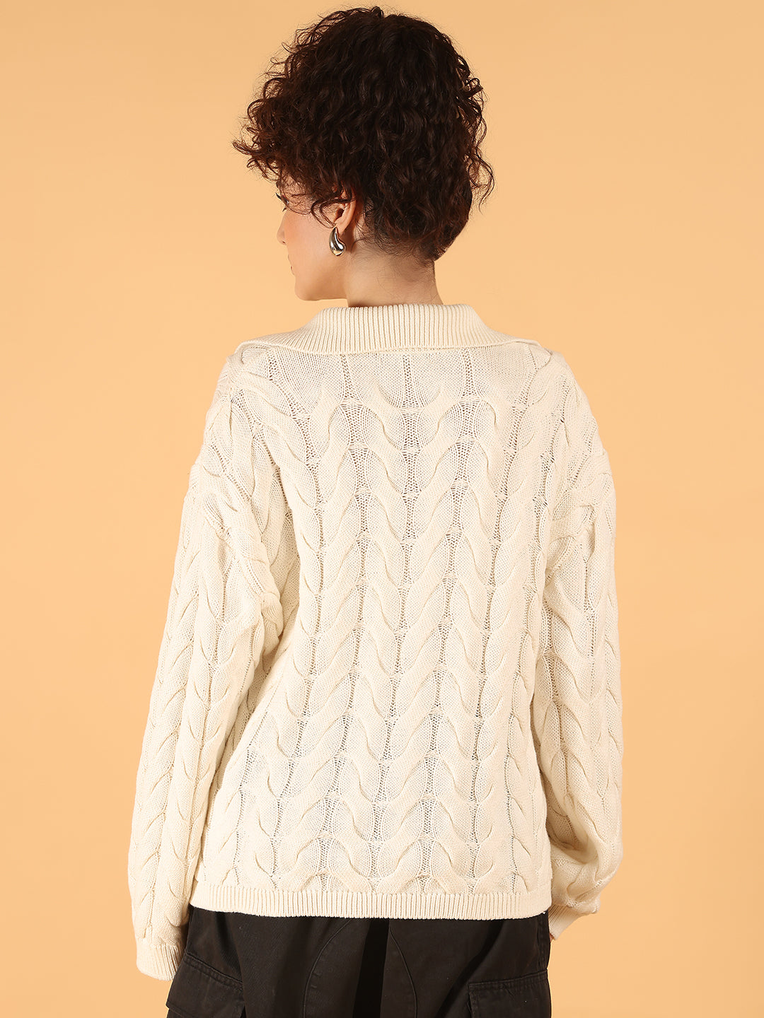 Cotton Full Sleeve Off-White Cable Knit Lace-Up Sweater
