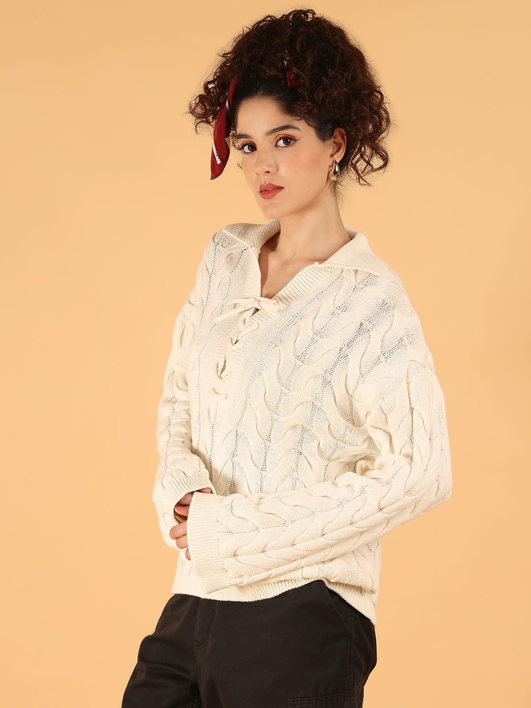 Cotton Full Sleeve Off-White Cable Knit Lace-Up Sweater