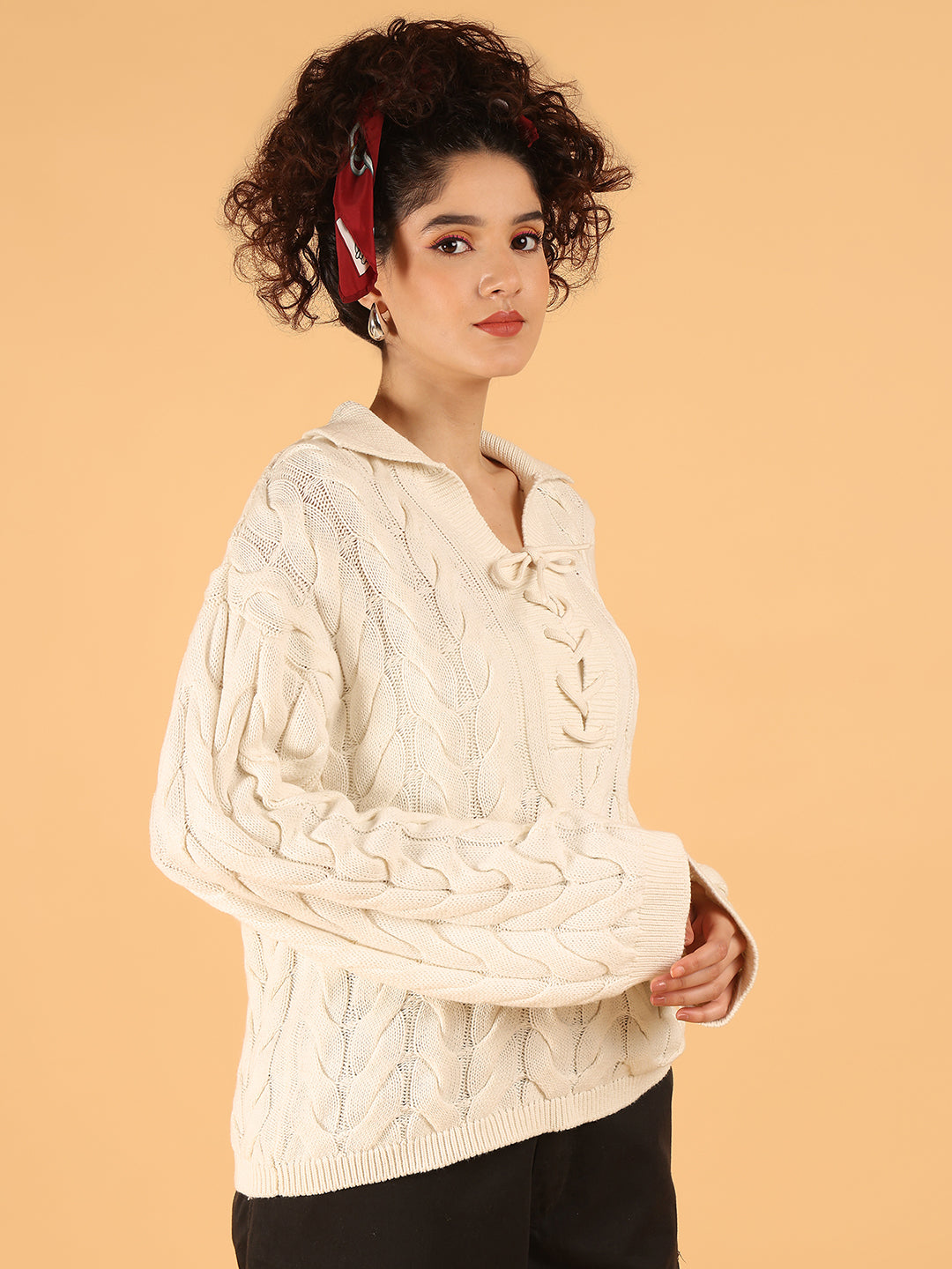 Cotton Full Sleeve Off-White Cable Knit Lace-Up Sweater