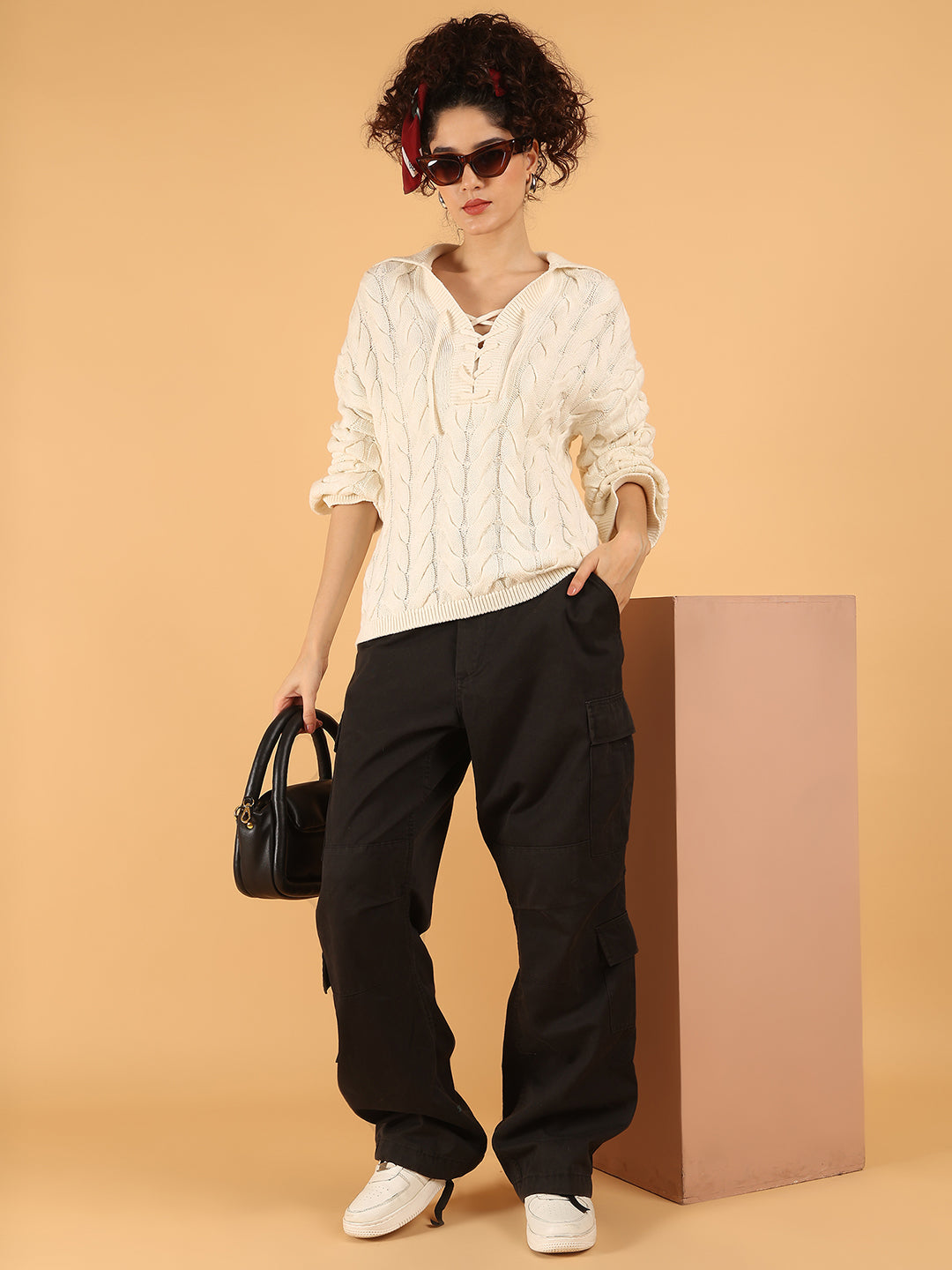 Cotton Full Sleeve Off-White Cable Knit Lace-Up Sweater