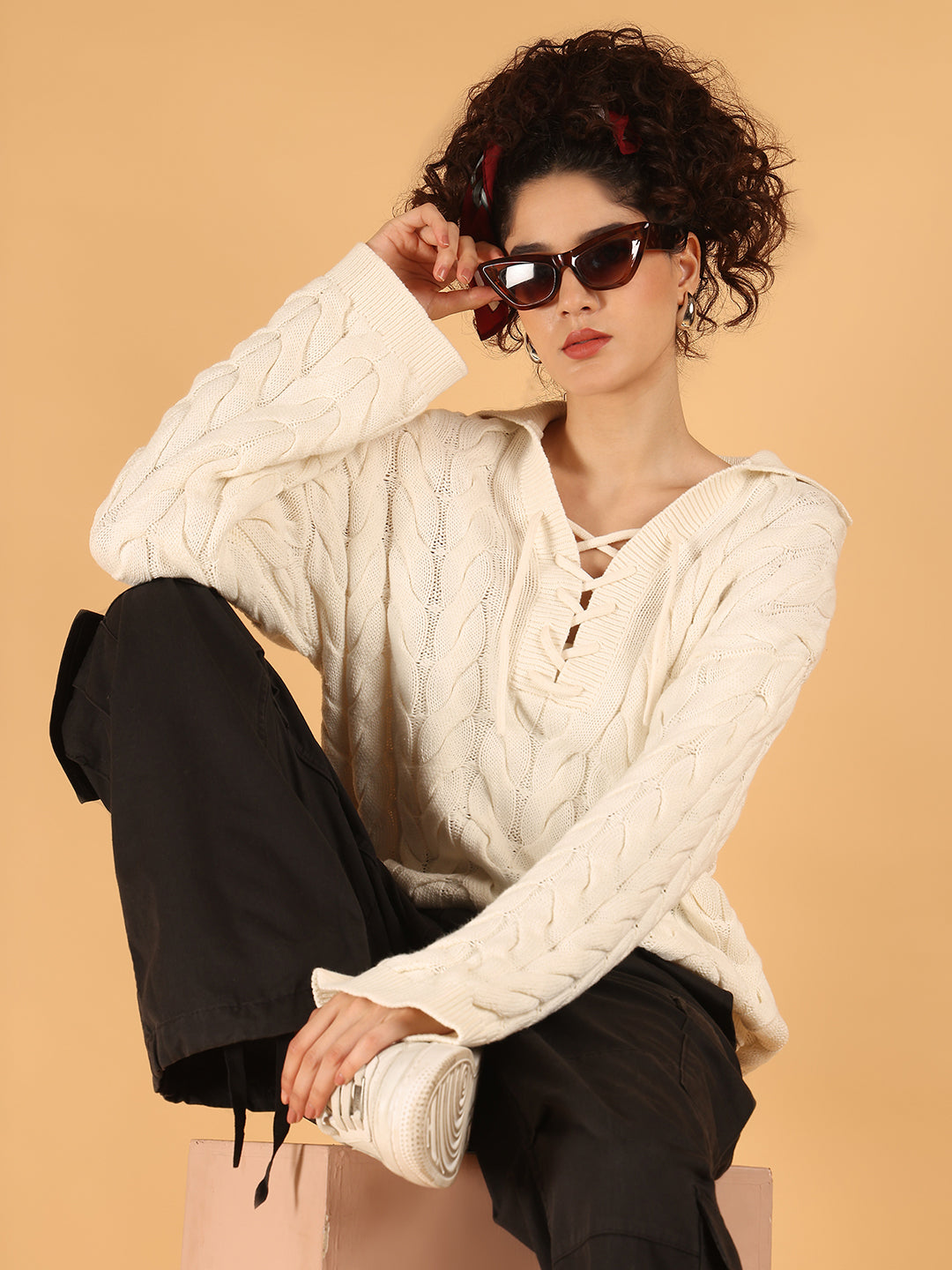 Cotton Full Sleeve Off-White Cable Knit Lace-Up Sweater