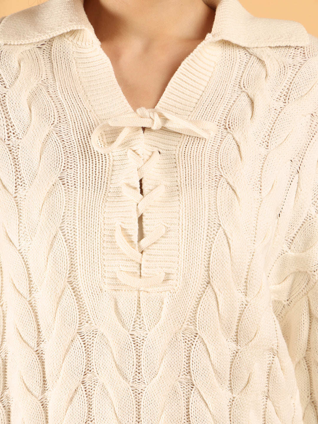 Cotton Full Sleeve Off-White Cable Knit Lace-Up Sweater