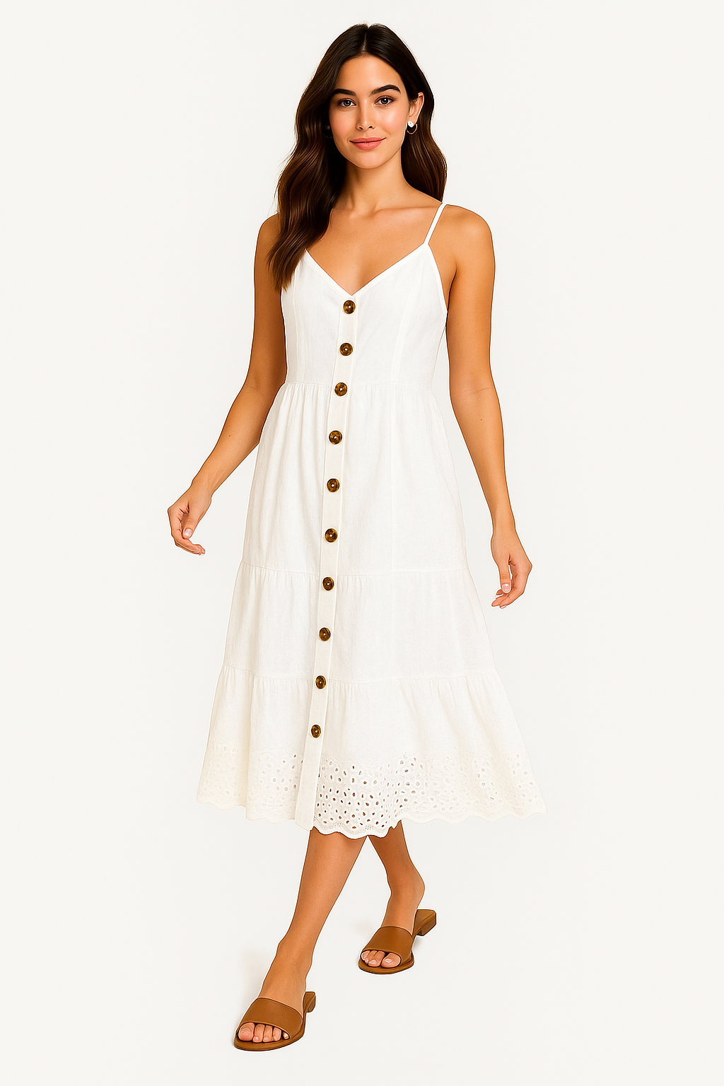White Cotton Button-Down Midi Dress