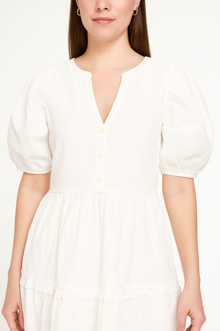 White Cotton Puff Sleeve Tiered Midi Dress