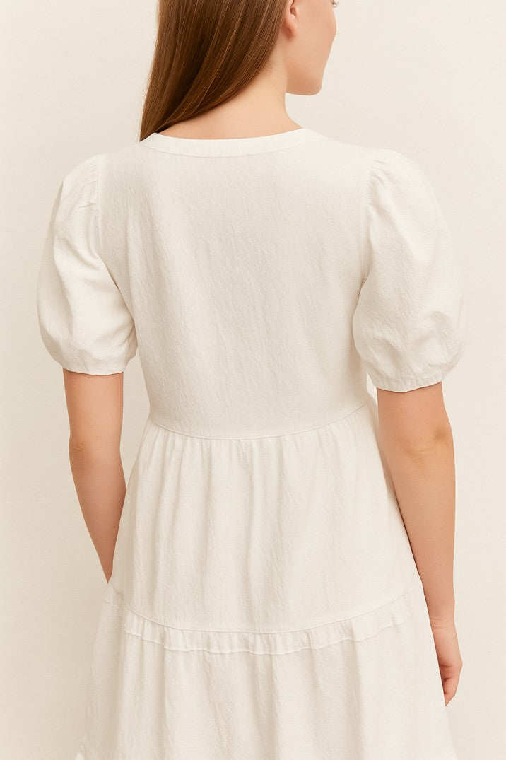 White Cotton Puff Sleeve Tiered Midi Dress