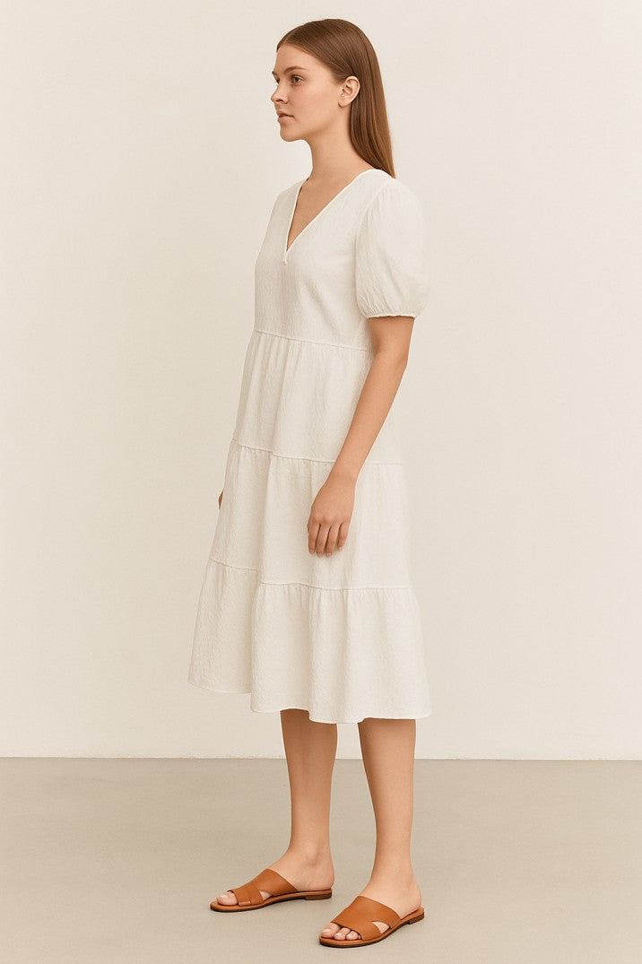 White Cotton Puff Sleeve Tiered Midi Dress