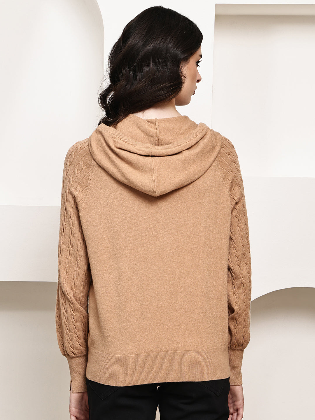 Rayon Cable Knit Zip-Up Hoodie – Brown