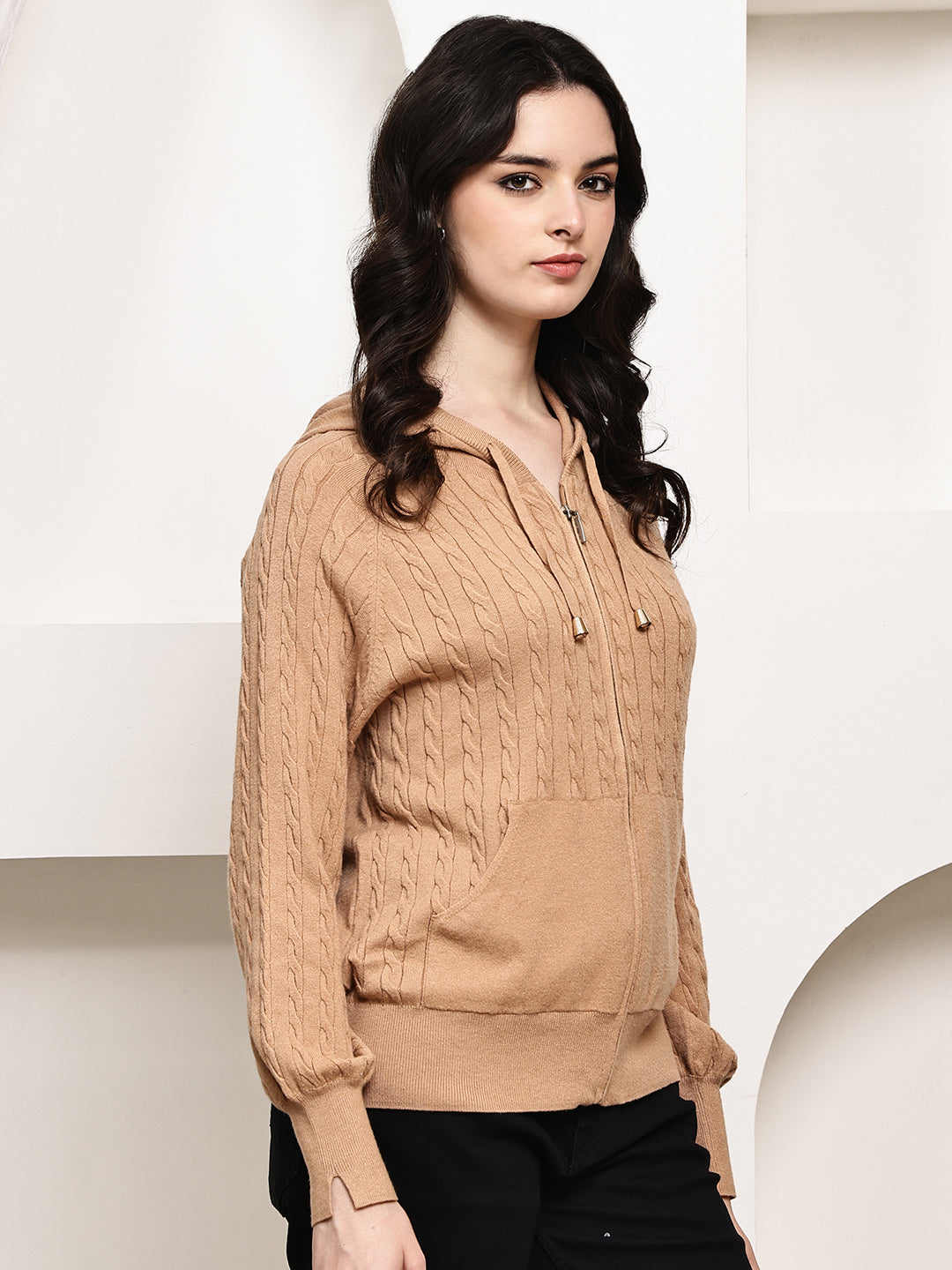 Rayon Cable Knit Zip-Up Hoodie – Brown