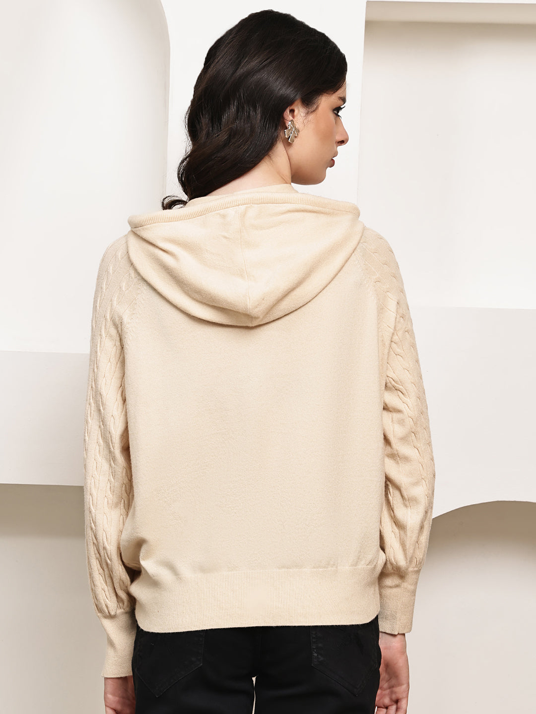 Rayon Cable Knit Zip-Up Hoodie – Cream