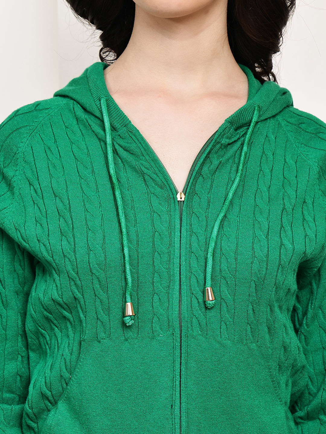 Rayon Cable Knit Zip-Up Hoodie – Green