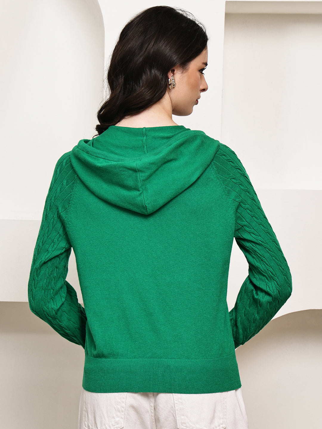 Rayon Cable Knit Zip-Up Hoodie – Green