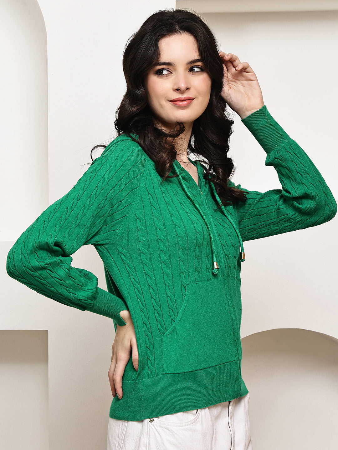 Rayon Cable Knit Zip-Up Hoodie – Green