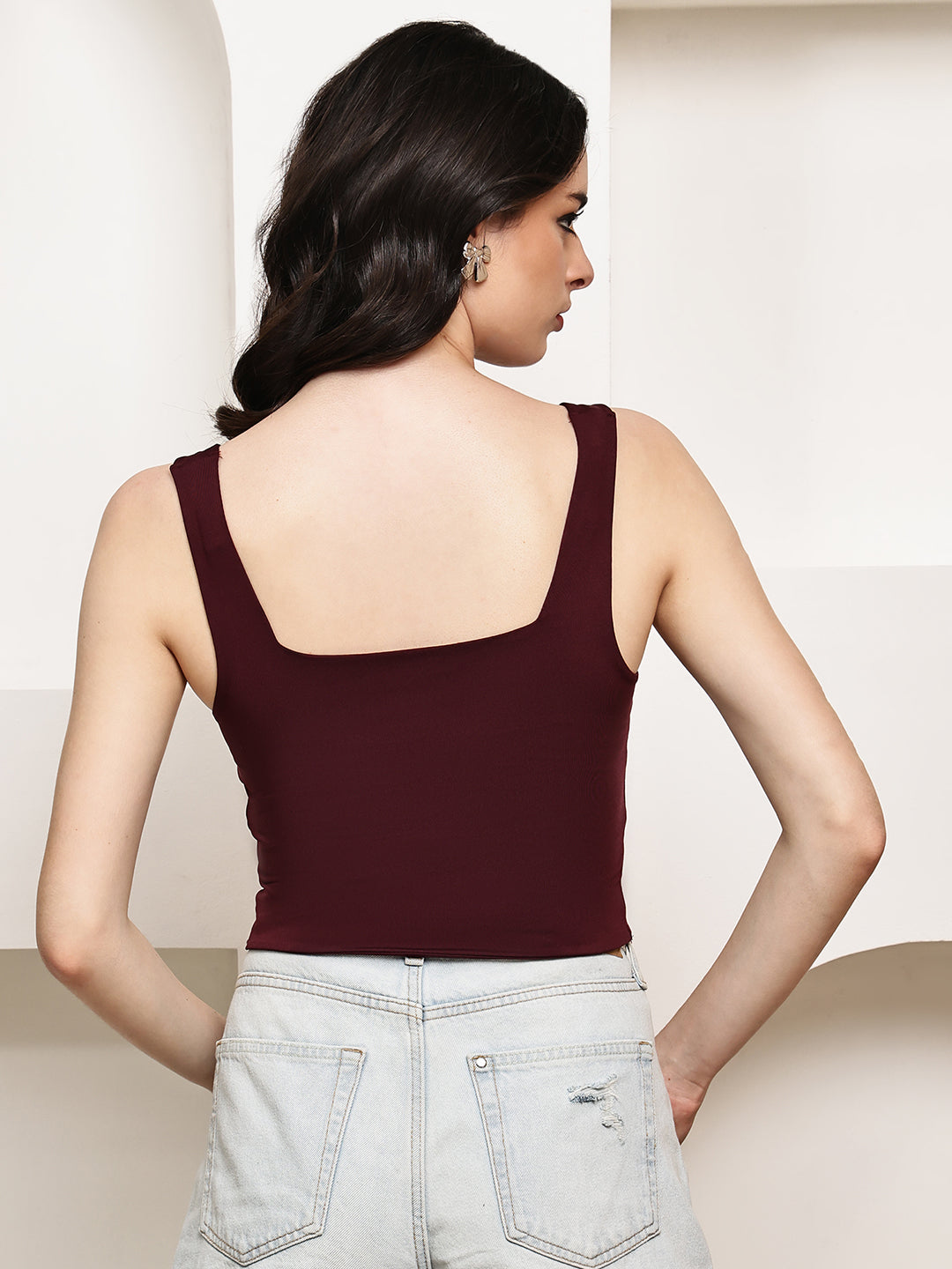 Polyester Square Neck Stretch Tank Top – Wine