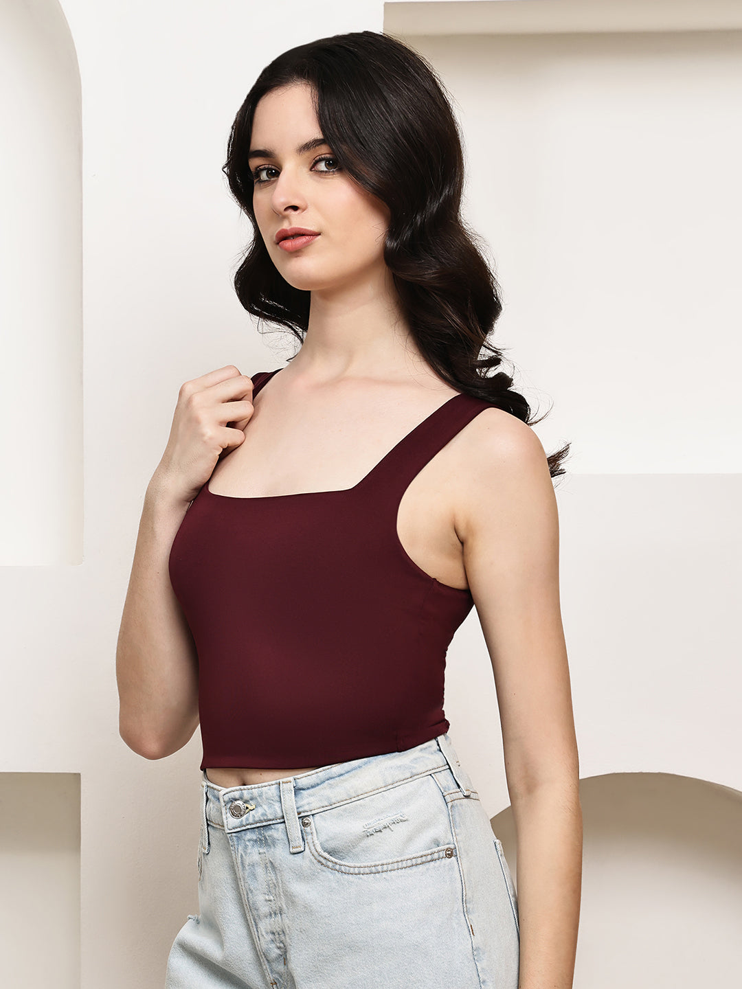 Polyester Square Neck Stretch Tank Top – Wine
