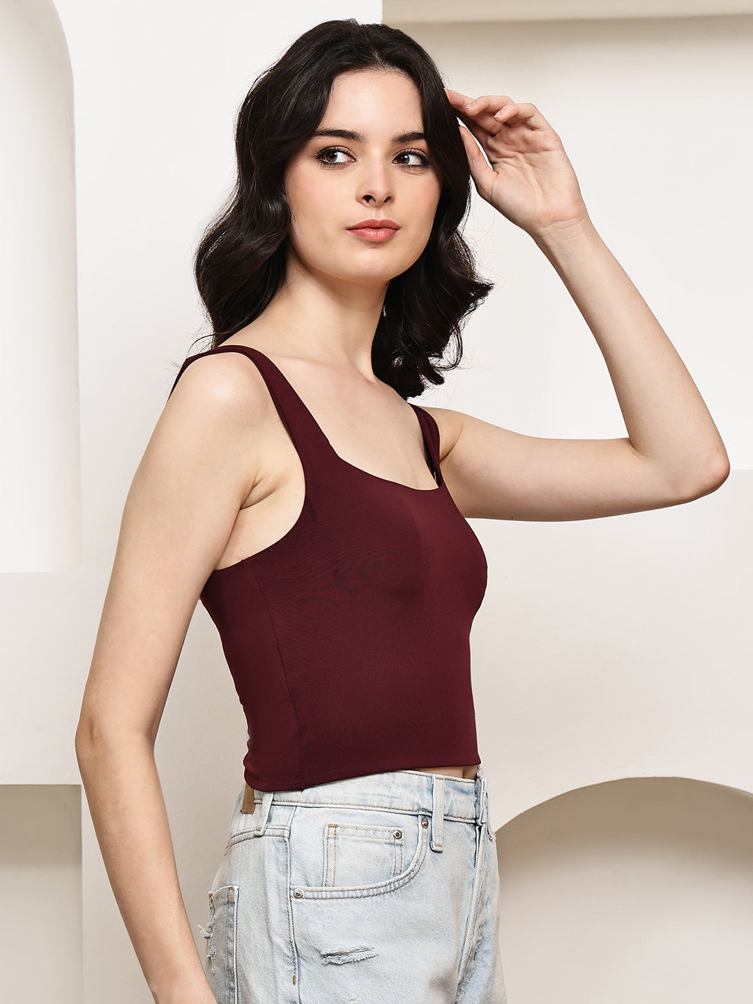 Polyester Square Neck Stretch Tank Top – Wine