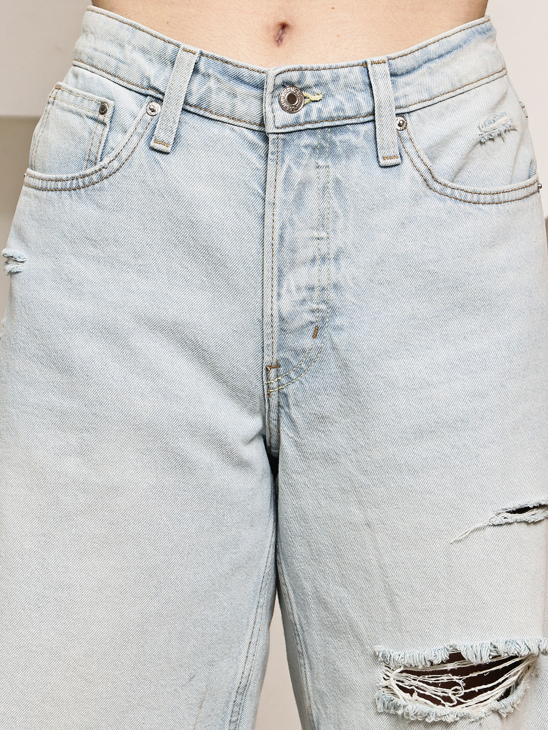 Light Blue Distressed Knee-Length Denim Shorts