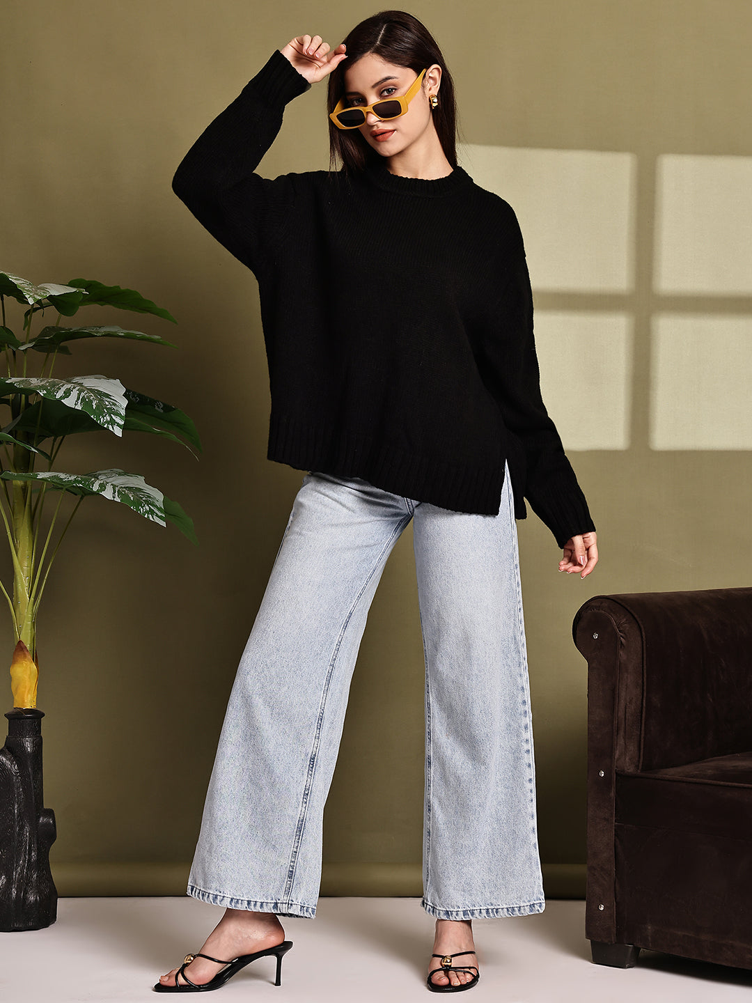 Acrylic Full Sleeve with Oversized Black Knit Sweater