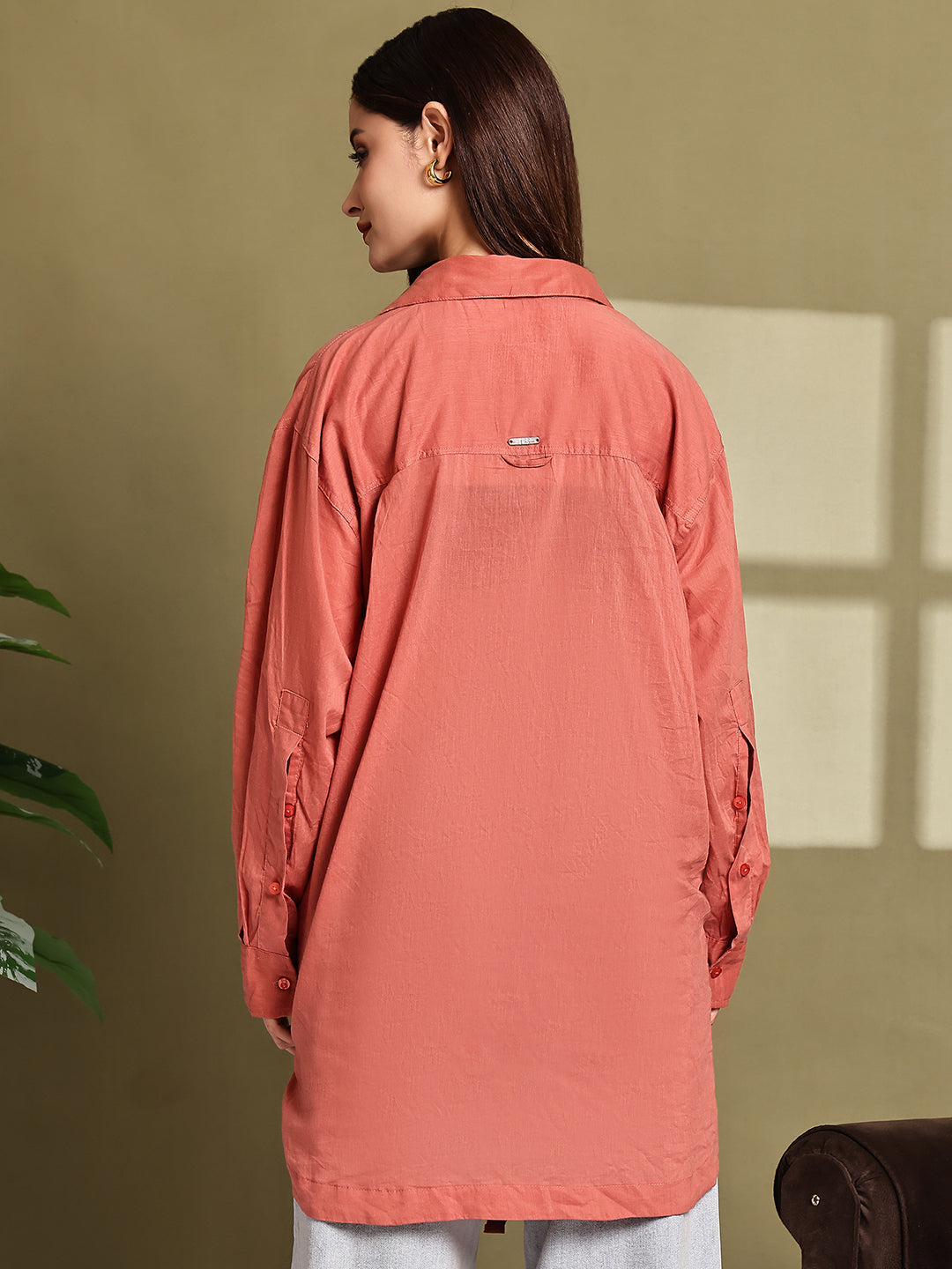 Rust Cotton Loose Fit Longline Shirt with Pocket