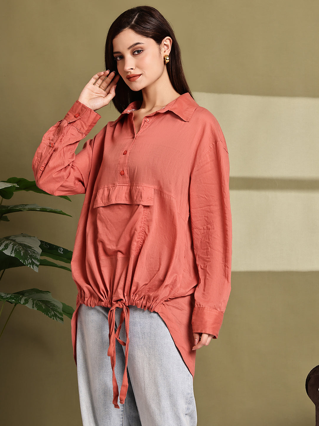 Rust Cotton Loose Fit Longline Shirt with Pocket