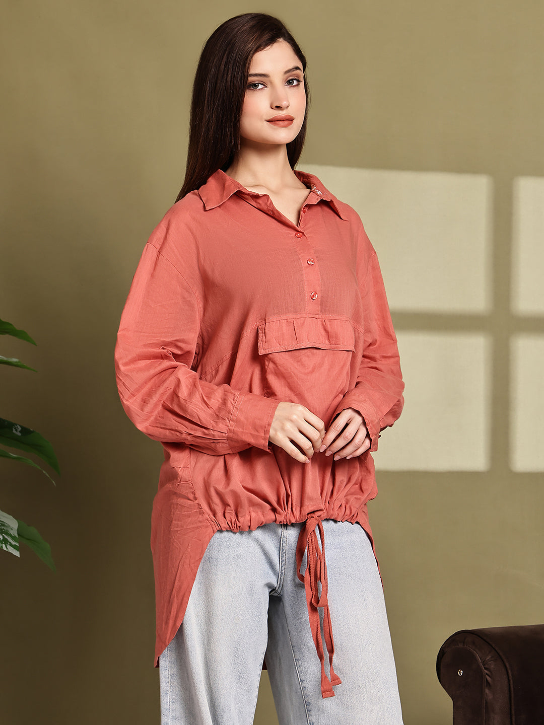 Rust Cotton Loose Fit Longline Shirt with Pocket