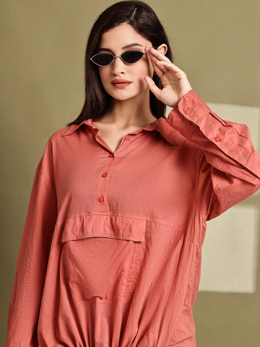 Rust Cotton Loose Fit Longline Shirt with Pocket