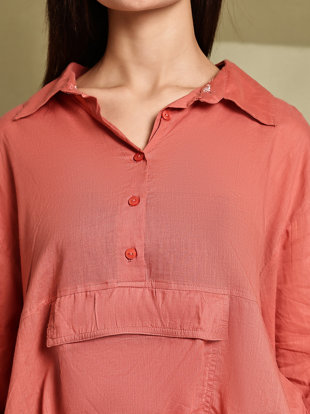 Rust Cotton Loose Fit Longline Shirt with Pocket