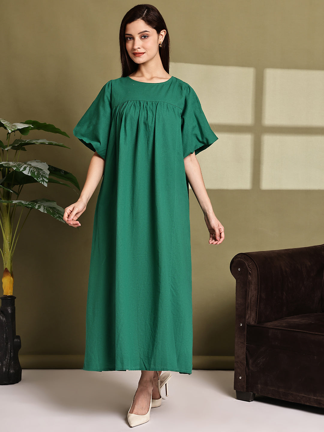 Cotton Loose Fit Maxi Dress – Green