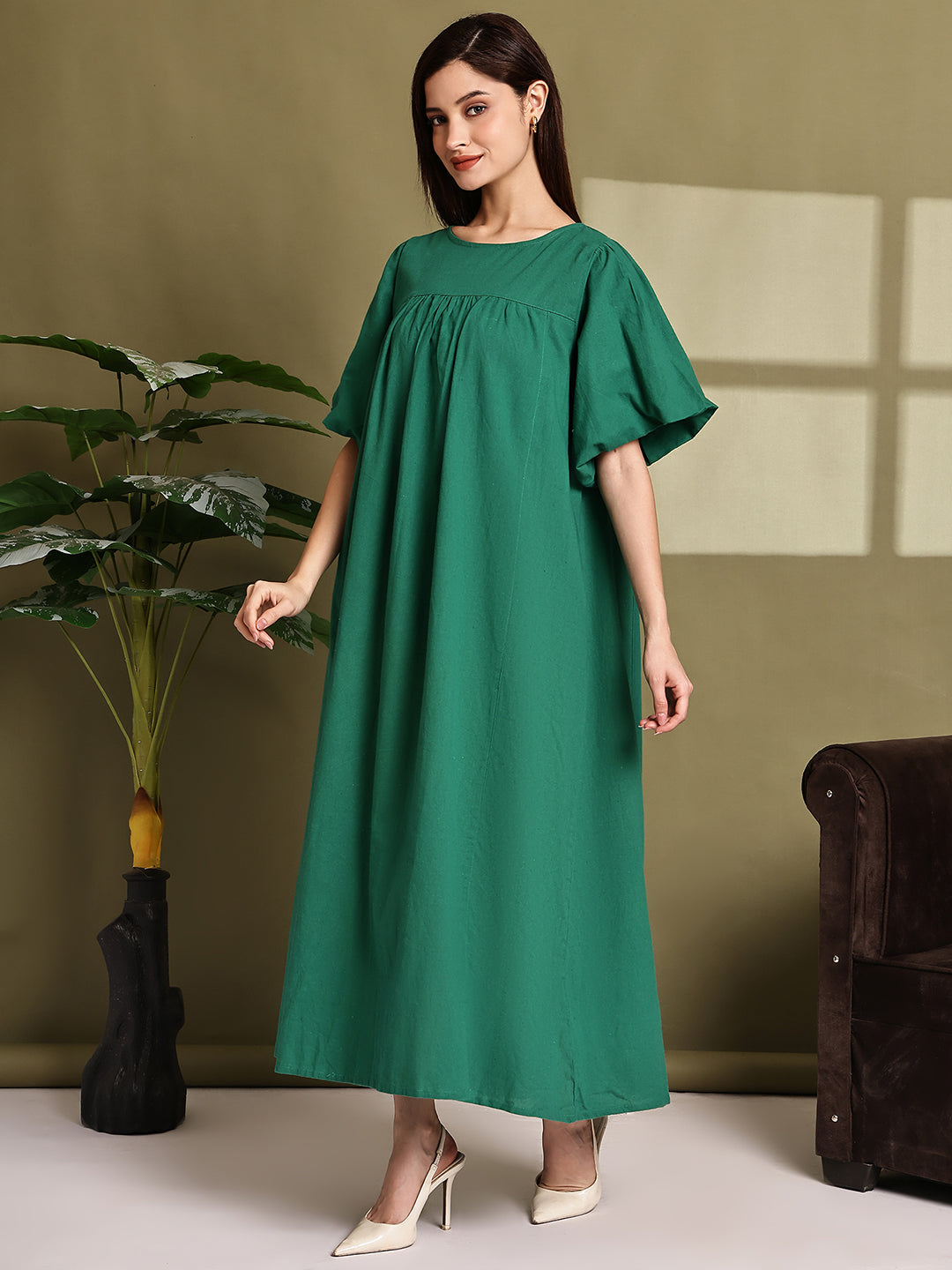 Cotton Loose Fit Maxi Dress – Green