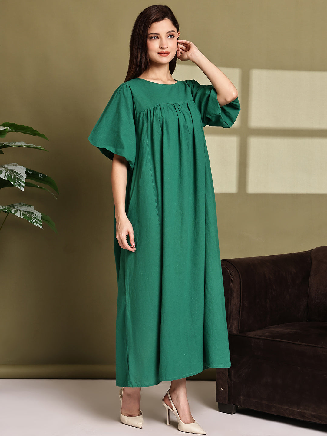 Cotton Loose Fit Maxi Dress – Green