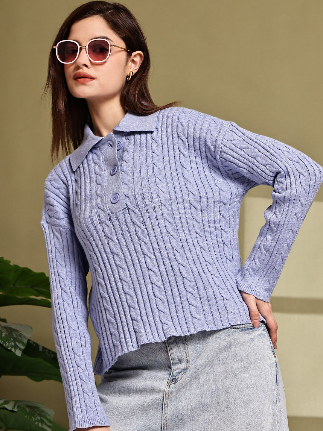 Acrylic Full Sleeve with Blue Cable Knit Polo Sweater