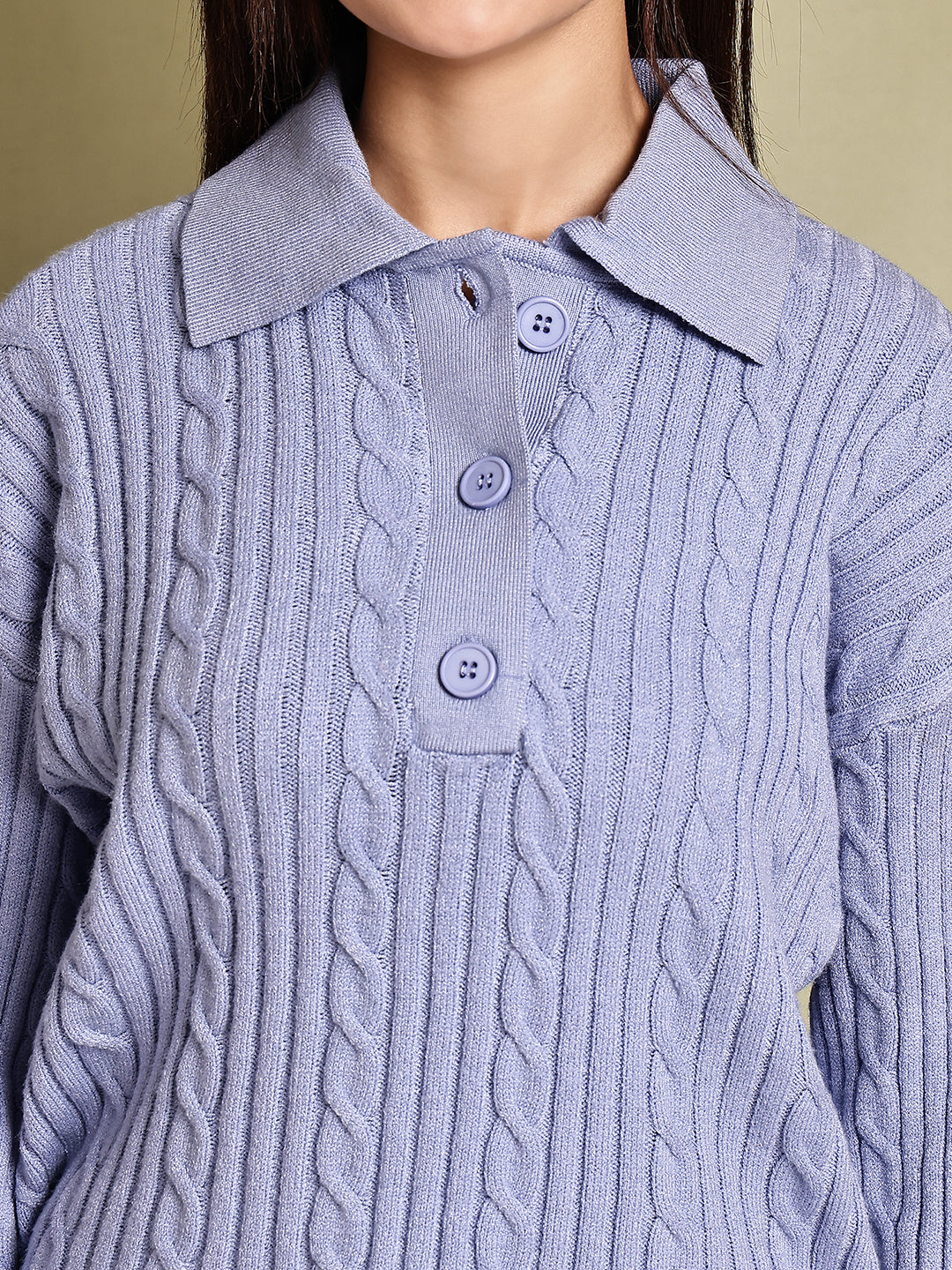 Acrylic Full Sleeve with Blue Cable Knit Polo Sweater