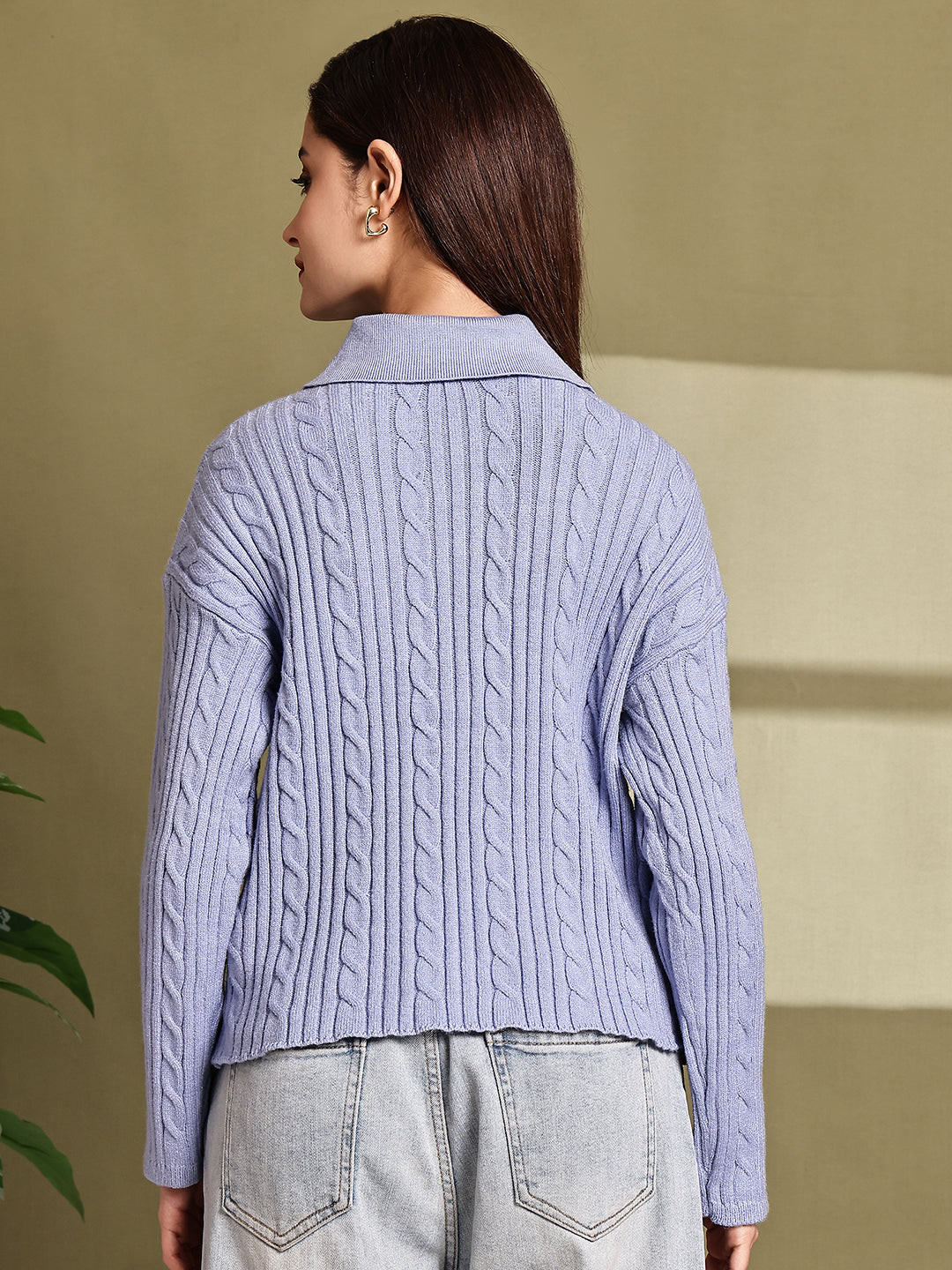 Acrylic Full Sleeve with Blue Cable Knit Polo Sweater