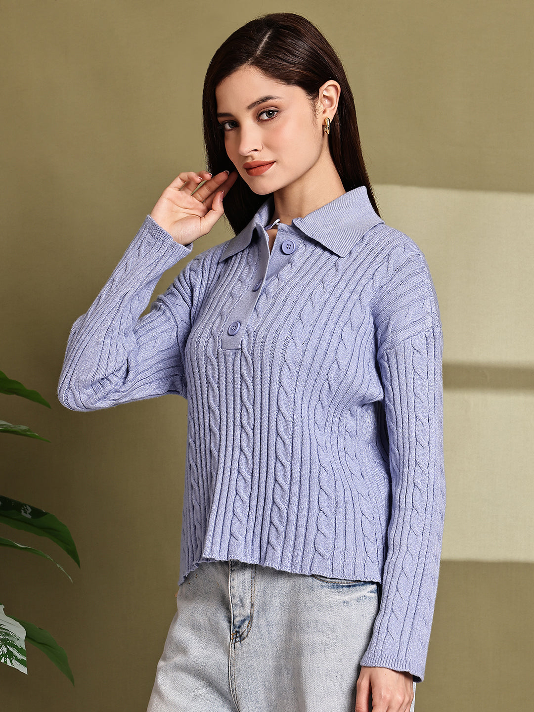Acrylic Full Sleeve with Blue Cable Knit Polo Sweater