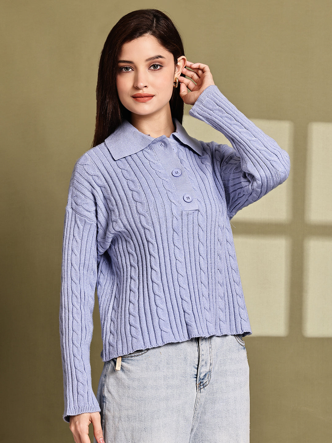 Acrylic Full Sleeve with Blue Cable Knit Polo Sweater