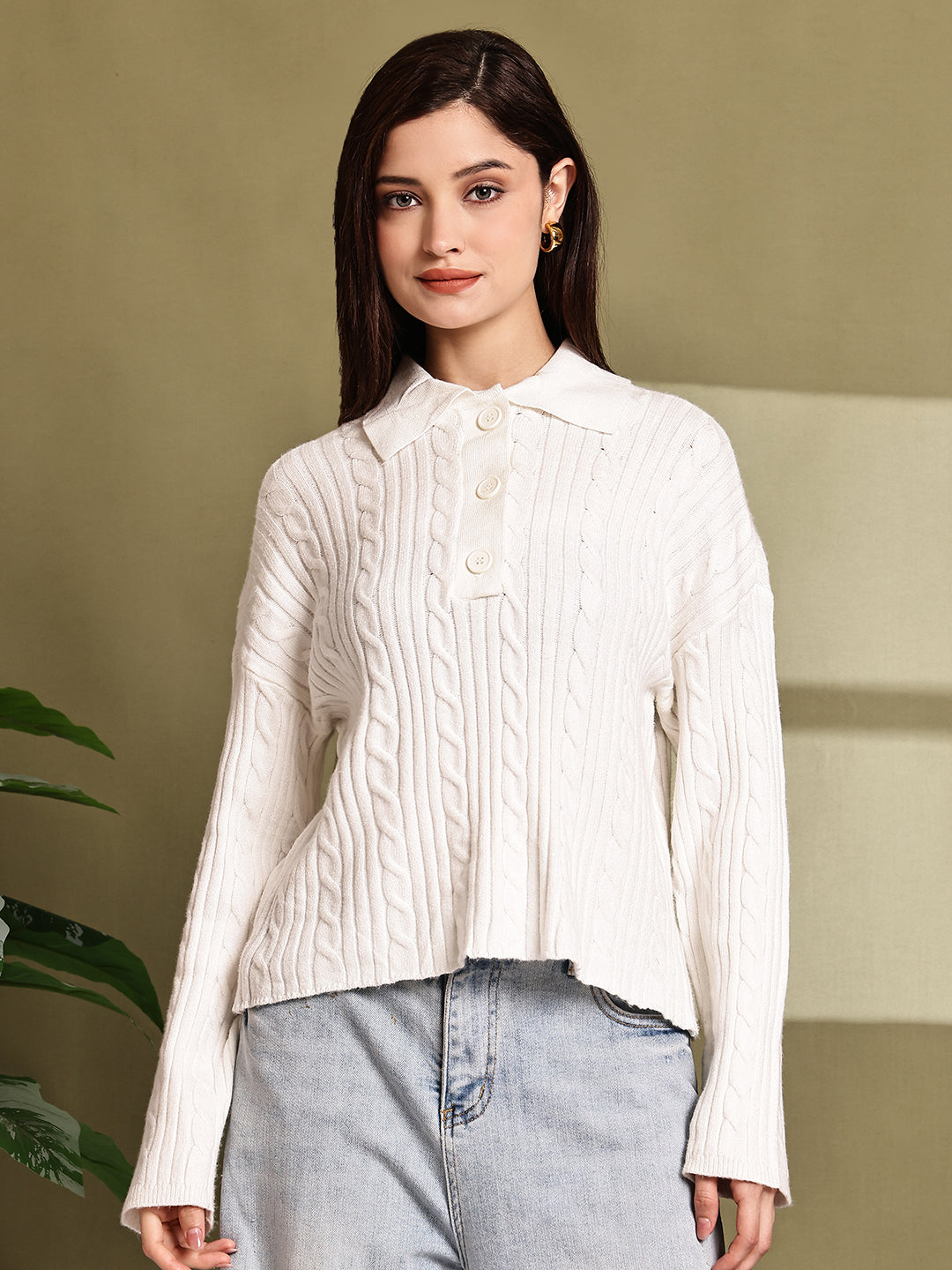 Acrylic Full Sleeve with White Cable Knit Polo Sweater