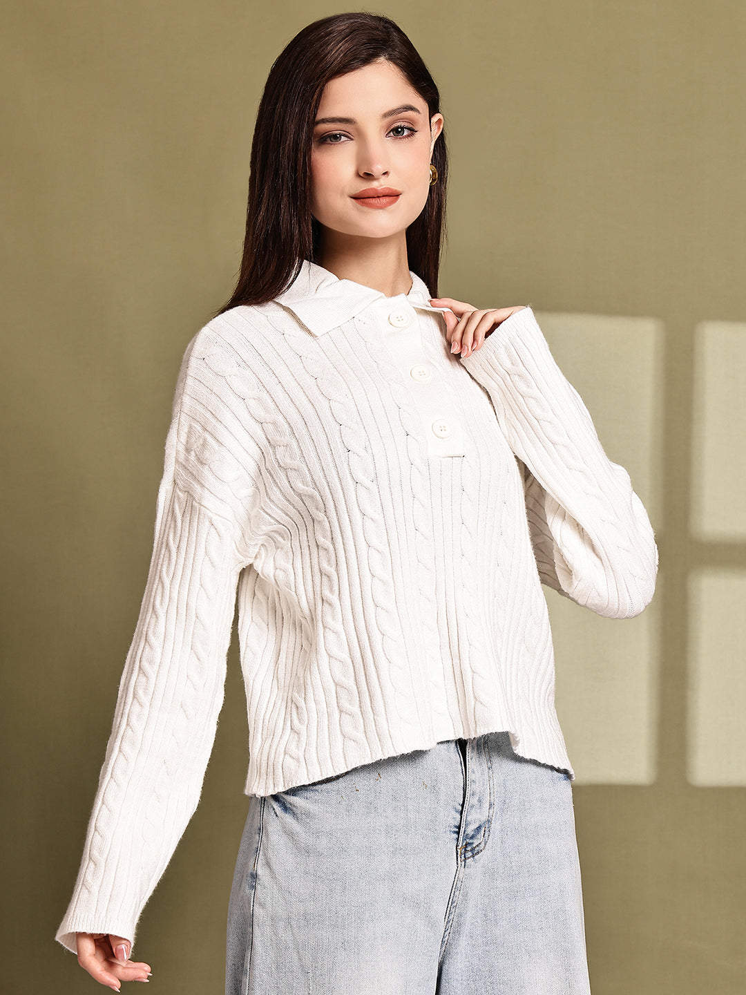 Acrylic Full Sleeve with White Cable Knit Polo Sweater