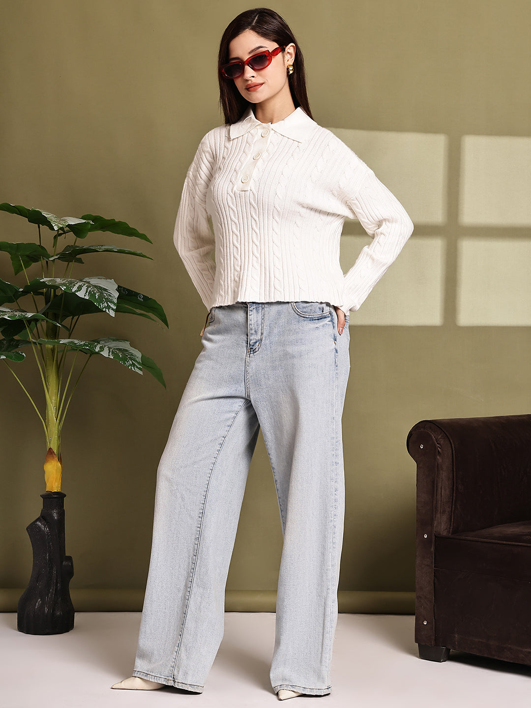 Acrylic Full Sleeve with White Cable Knit Polo Sweater