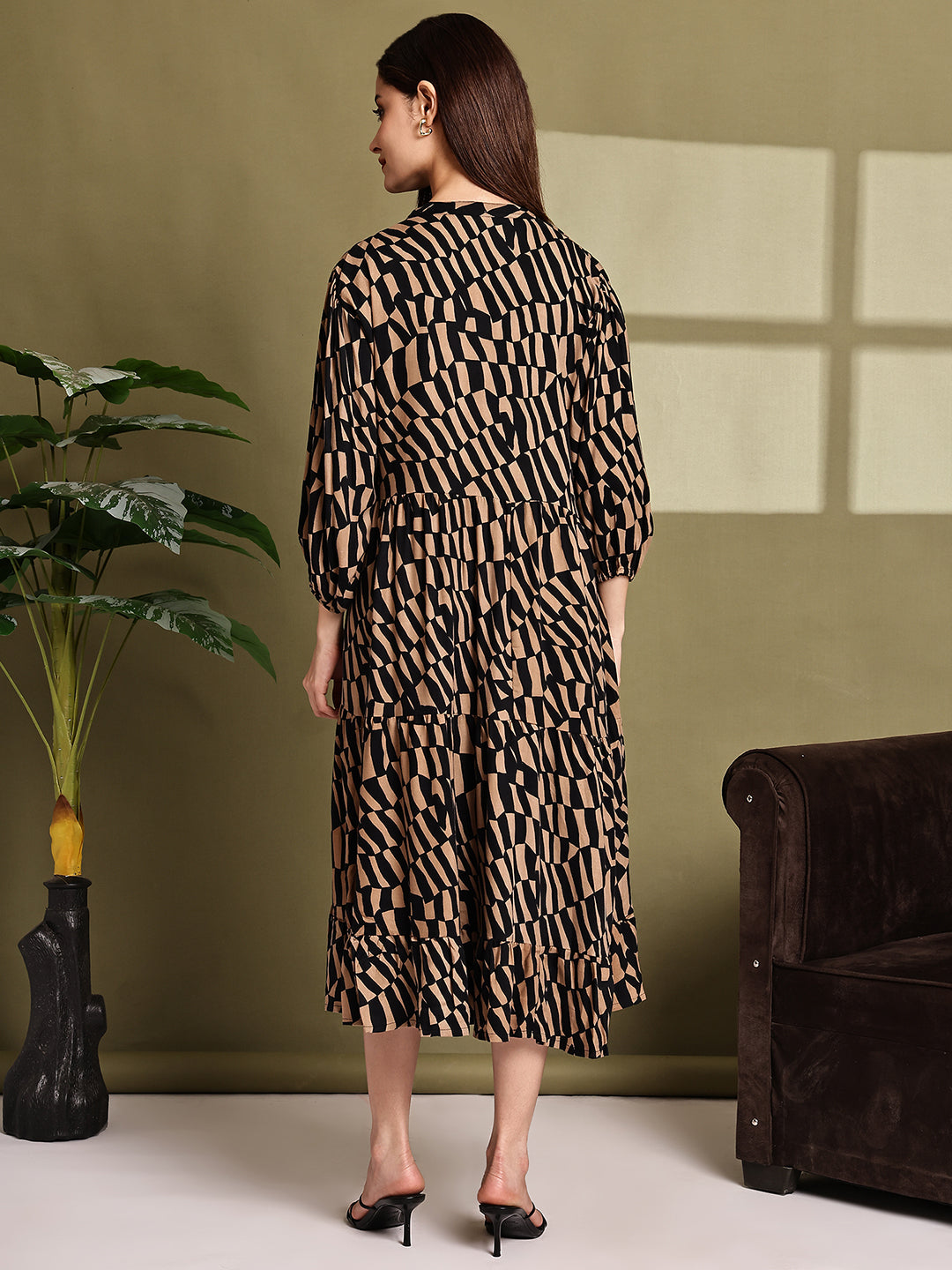 Black & Brown Printed Cotton Tiered Midi Dress