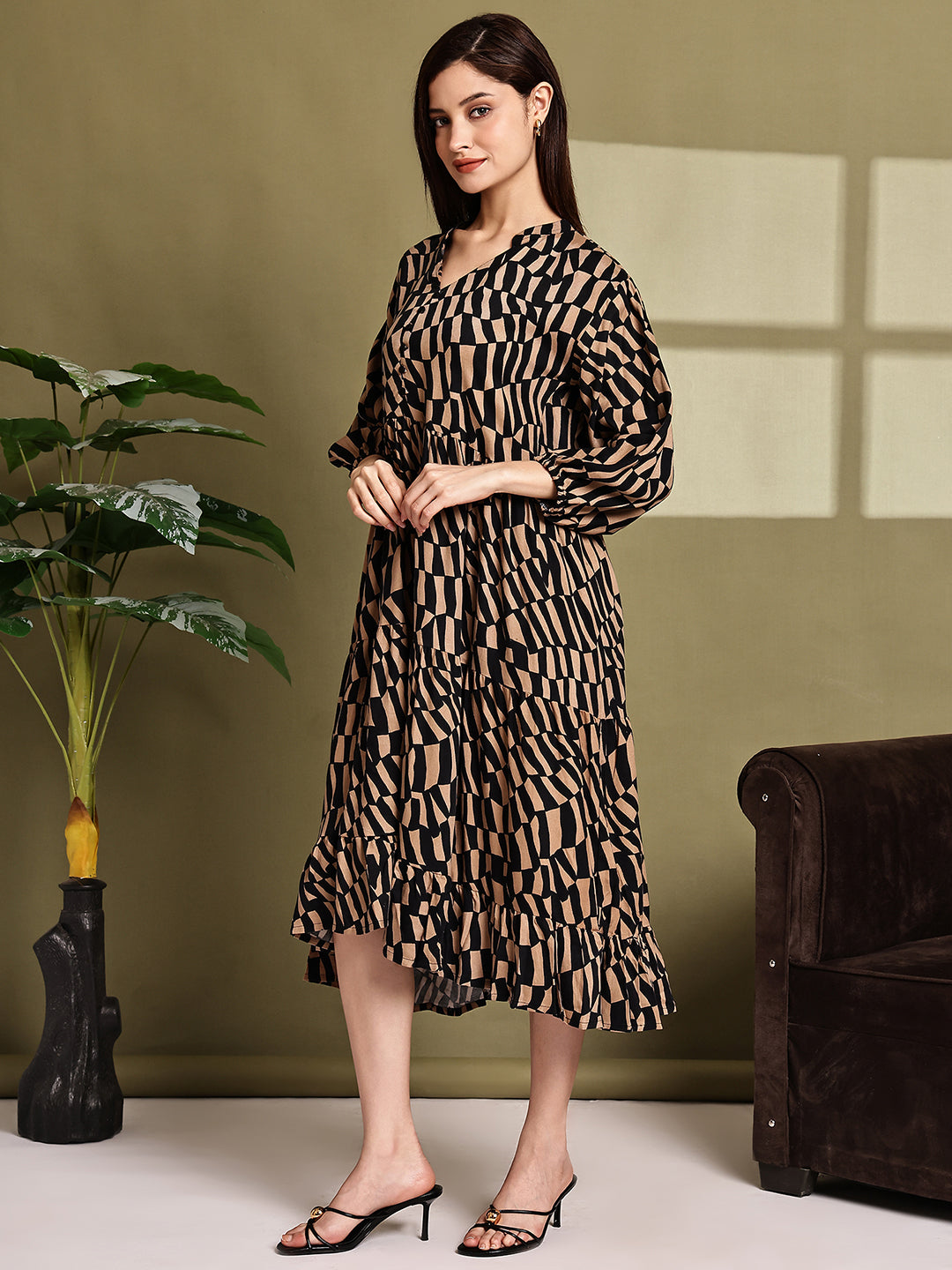 Black & Brown Printed Cotton Tiered Midi Dress