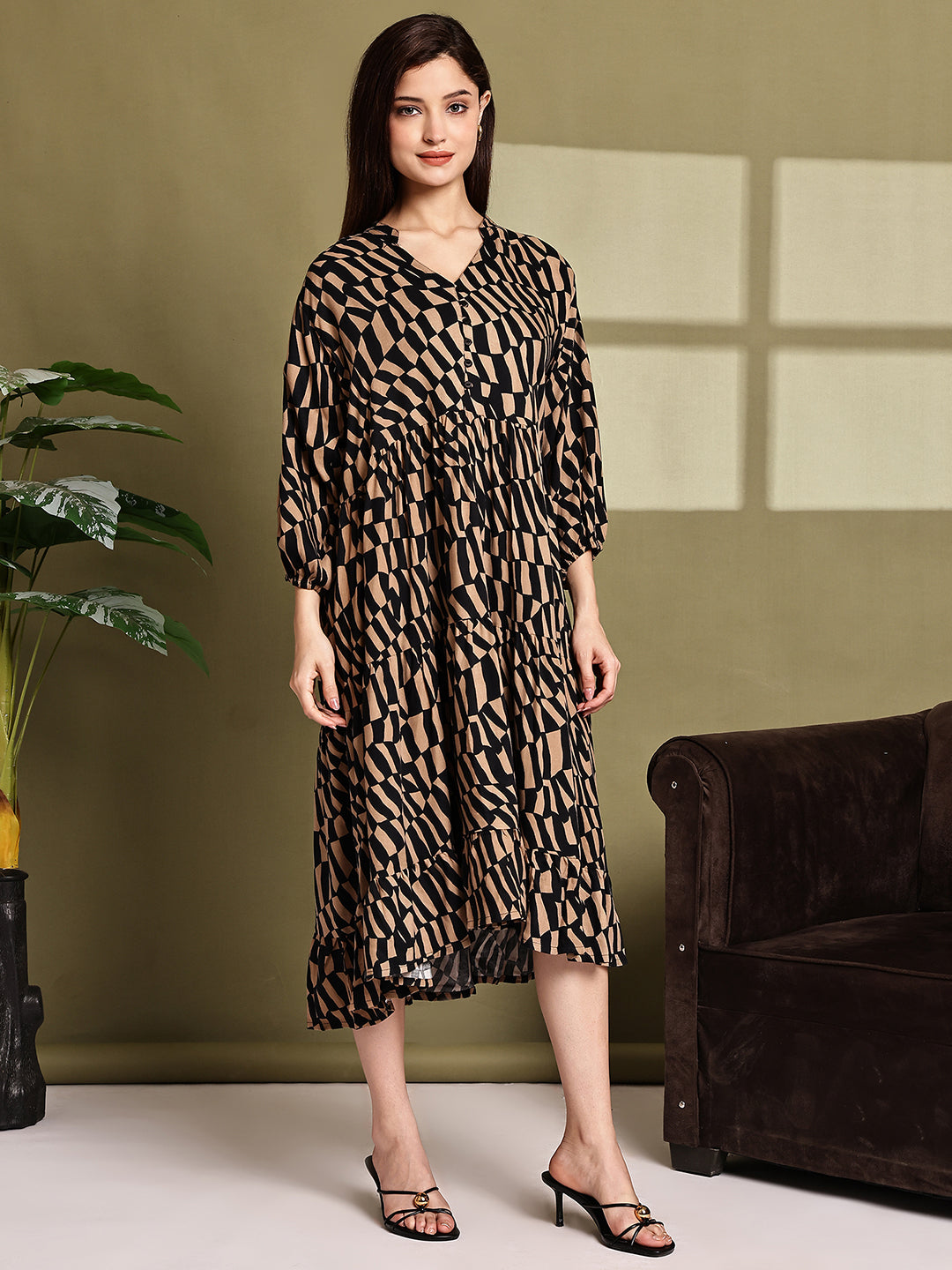 Black & Brown Printed Cotton Tiered Midi Dress