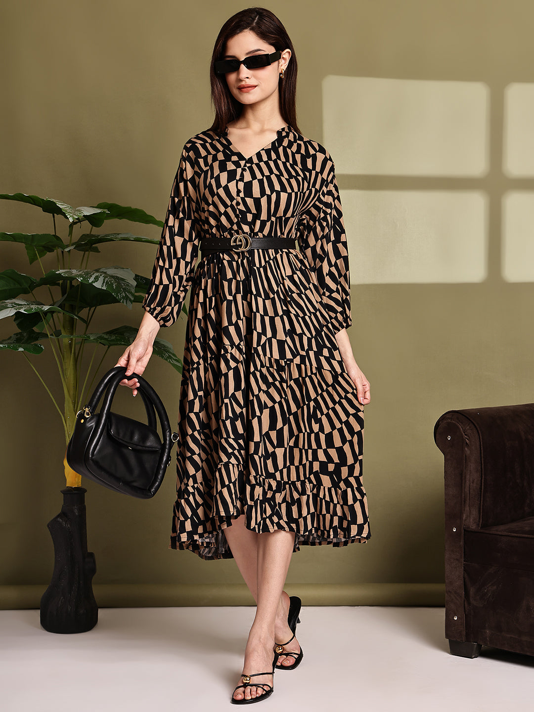 Black & Brown Printed Cotton Tiered Midi Dress