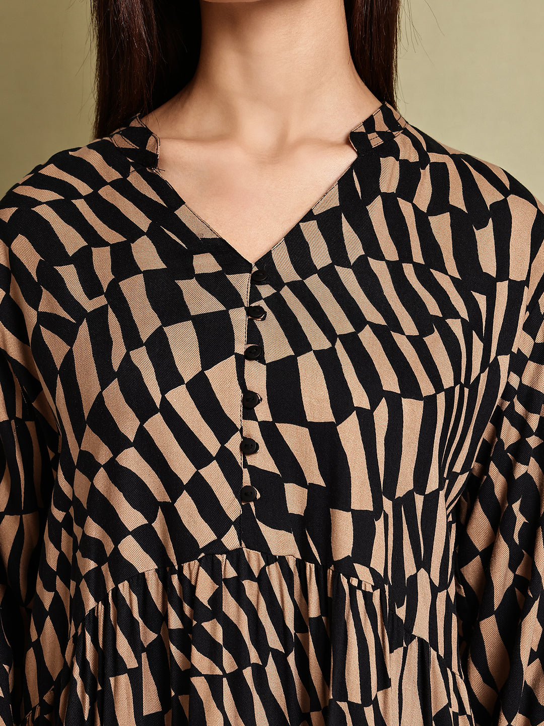 Black & Brown Printed Cotton Tiered Midi Dress