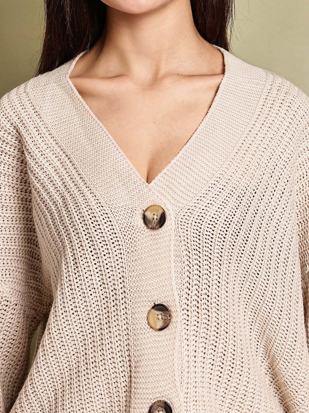 Beige Knitted Acrylic Button-Down Cardigan