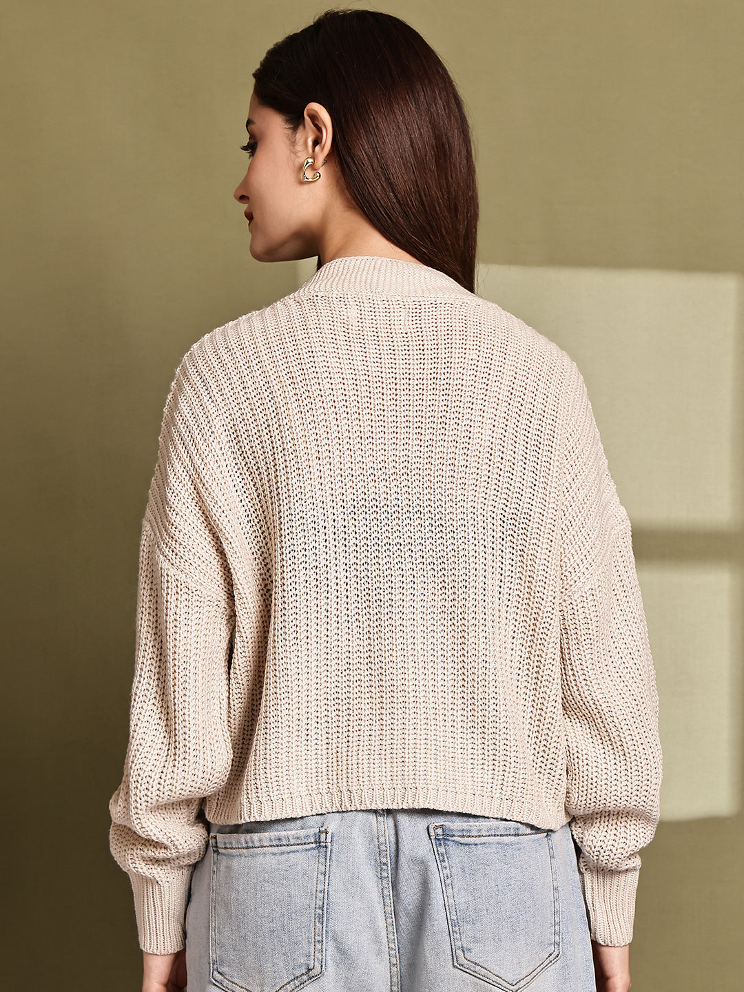 Beige Knitted Acrylic Button-Down Cardigan