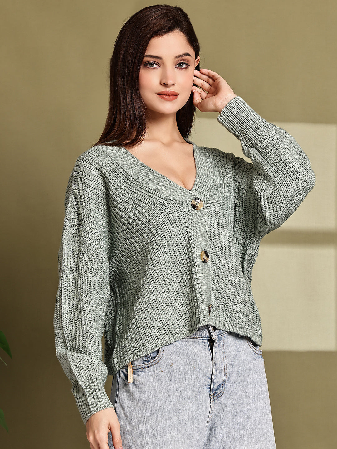 Light Sea Green Knitted Acrylic Button-Down Cardigan